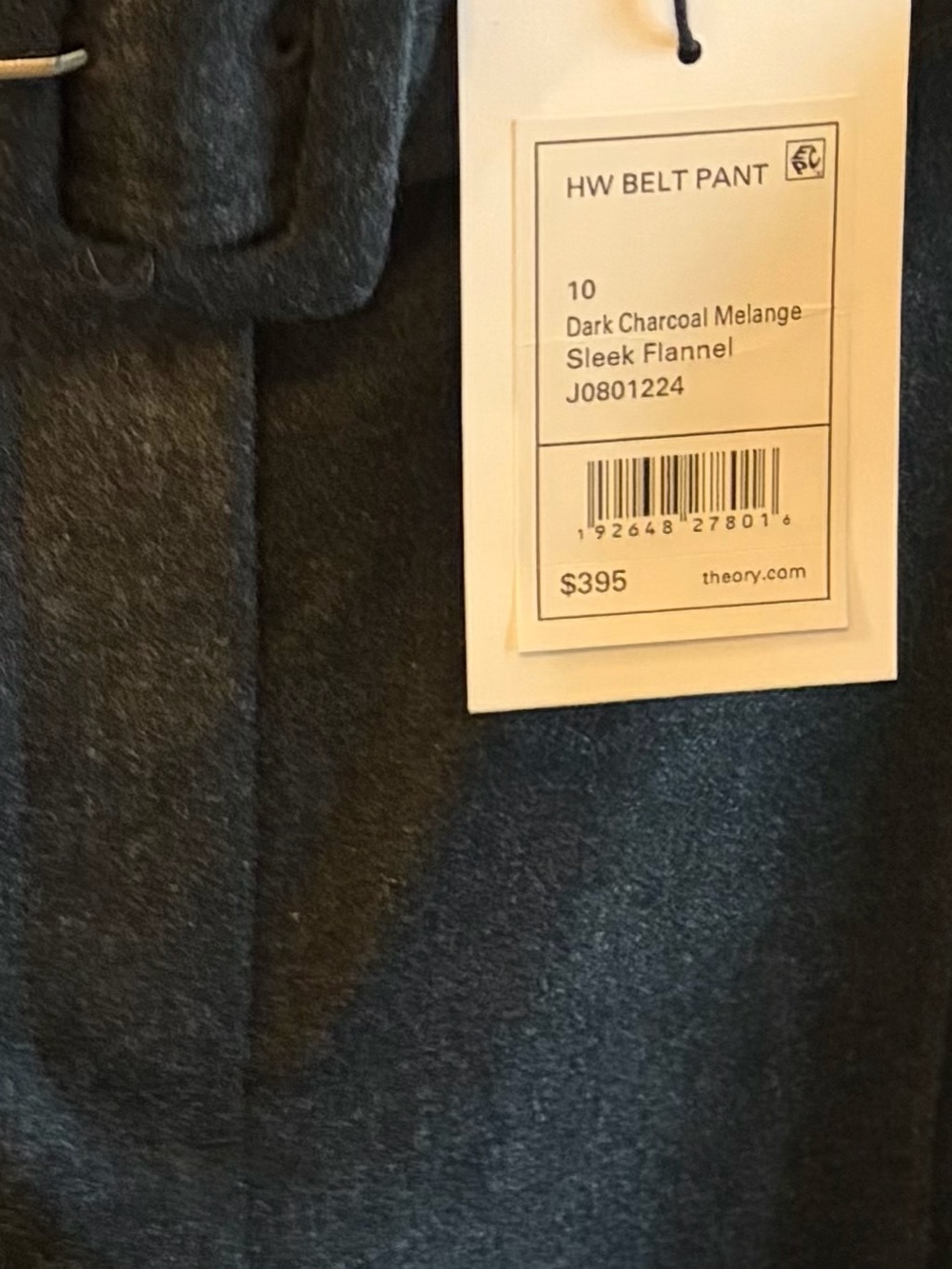 Theory women’s high waisted light flannel Charcoal Gray Belted Dress Pants NWT - Picture 4 of 9